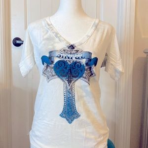 AFFLICTION WOMEN V NECK SHORT SLEEVES T SHIRT CASUAL STREET WEAR WHITE SZ L